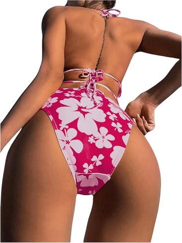 Floerns Women's 2 Piece Floral Print Halter Tie Back Crop Top and Bottoms Bikini Set in Saudi Arabia