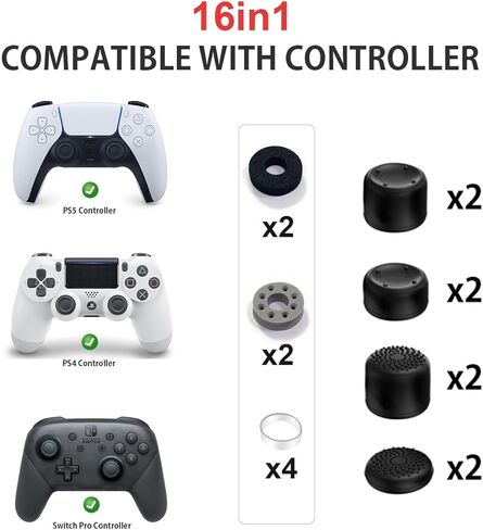 FPS Thumb Grip Gamepad مرتفعة مضادة للانزلاق عصا الإبهام غطاء عصا التحكم لـ PS5/4، حلقات Switch Pro Con-Precision، حلقات المساعدة، حقيبة تخزين (16 قطعة) (pn025) in Kuwait