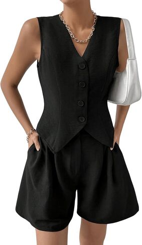 MakeMeChic Women's Summer 2 Piece Outfits Button Down Sleeveless V Neck Vest and Shorts Sets Work Matching Set in Saudi Arabia