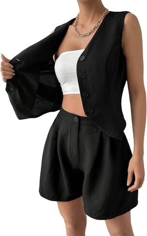 MakeMeChic Women's Summer 2 Piece Outfits Button Down Sleeveless V Neck Vest and Shorts Sets Work Matching Set in Saudi Arabia