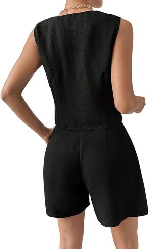 MakeMeChic Women's Summer 2 Piece Outfits Button Down Sleeveless V Neck Vest and Shorts Sets Work Matching Set in Saudi Arabia