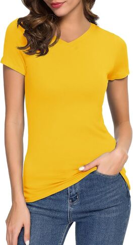 Urban CoCo Women's Basic Slim Fitted Tee Tops Short Sleeve Stretchy Bodycon V-Neck Tight T-Shirt in Saudi Arabia