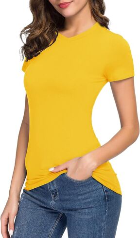 Urban CoCo Women's Basic Slim Fitted Tee Tops Short Sleeve Stretchy Bodycon V-Neck Tight T-Shirt in Saudi Arabia