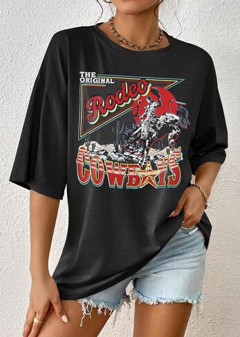 Rodeo Shirts Women Cowgirl Outfits: Casual Country Concert T Shirts Vintage Cow Skull Graphic Tees Oversized Tops in Saudi Arabia