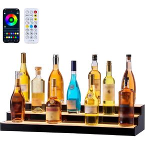 VEVOR LED Lighted Liquor Bottle Display, 3 Tiers 40 inches, Acrylic Illuminated Home Bar Shelf Display with RF Remote & App Control, DIY Setup with Type-C Cables, 9 Static Colors, for 30-39 Bottles in Kuwait