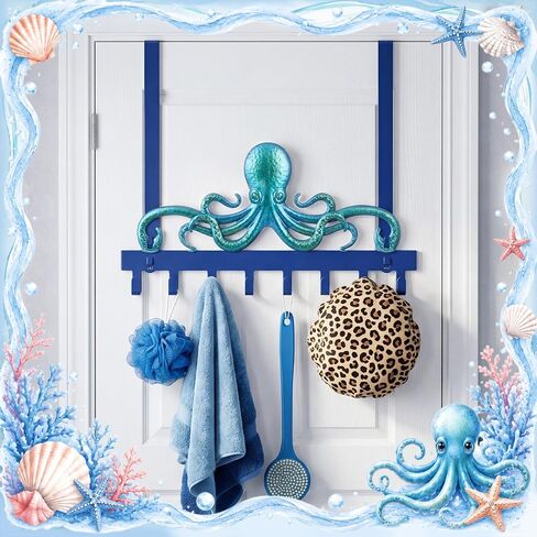 Moxweyeni Octopus Over-the-Door Hooks, No-Drill Cast Iron Nautical Towel & Coat Hanger, Coastal Bathroom Organizer Over Door, Teal Beach Ocean Decor for Entryway, Bedroom, Bathroom in Kuwait