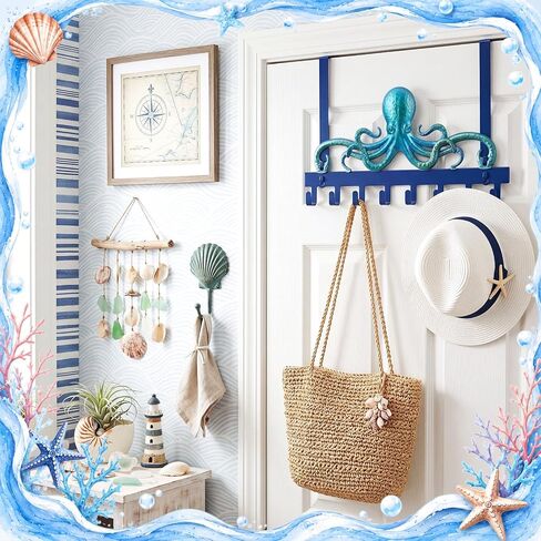 Moxweyeni Octopus Over-the-Door Hooks, No-Drill Cast Iron Nautical Towel & Coat Hanger, Coastal Bathroom Organizer Over Door, Teal Beach Ocean Decor for Entryway, Bedroom, Bathroom in Kuwait