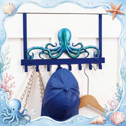 Moxweyeni Octopus Over-the-Door Hooks, No-Drill Cast Iron Nautical Towel & Coat Hanger, Coastal Bathroom Organizer Over Door, Teal Beach Ocean Decor for Entryway, Bedroom, Bathroom in Kuwait