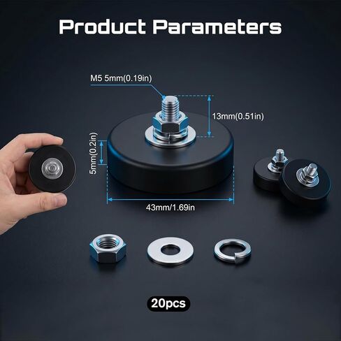 20 Pcs Rubber Coated Magnet M5 Mounting Magnet Thread Stud Magnetic with Bolts Nuts 1.69 Inches Anti-Scratch Strong for Lighting,Tools and equipement in Kuwait