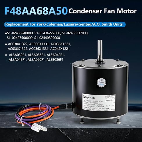 F48AA68A50 Condenser Fan Motor, Replace for York, Coleman, Luxaire, Genteq/A.O. Smith OEM Condenser Fan Motor, 1/4 HP, 850 RPM, 208-230V, Replace F48M27A50, THGF36S41S3A, THGF60S41S3A, S1-02440899000 in Kuwait