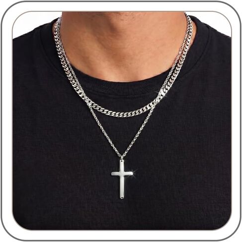Cross Necklace for Men, Silver Cuban Link Rope Chain Necklace Stainless Steel Cross Pendant Non-Tarnish Mens Necklace Simple Jewelry Christian Gifts for Men Him Dad Daily Wear in Saudi Arabia