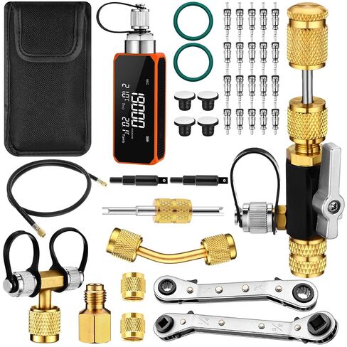 طقم قياس فراغ HVAC لاسلكي رقمي صغير، 0-19000 مقياس فراغ رقمي لإخلاء HVAC/R مع أداة إزالة صمام أساسية 1/4 بوصة و5/16 بوصة، 20 قلب صمام، خرطوم 6 أقدام ومفاتيح خدمة in Kuwait