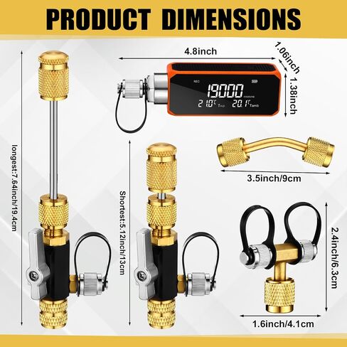 طقم قياس فراغ HVAC لاسلكي رقمي صغير، 0-19000 مقياس فراغ رقمي لإخلاء HVAC/R مع أداة إزالة صمام أساسية 1/4 بوصة و5/16 بوصة، 20 قلب صمام، خرطوم 6 أقدام ومفاتيح خدمة in Kuwait