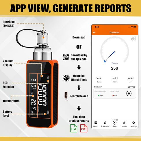 طقم قياس فراغ HVAC لاسلكي رقمي صغير، 0-19000 مقياس فراغ رقمي لإخلاء HVAC/R مع أداة إزالة صمام أساسية 1/4 بوصة و5/16 بوصة، 20 قلب صمام، خرطوم 6 أقدام ومفاتيح خدمة in Kuwait