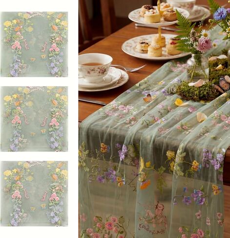 Sage Green Floral Table Runner 10ft Embroidery Tulle Spring Wildflower Table Runner Seasonal Summer Butterfly Kitchen Dining Gauze Decoration for Wedding Baby Shower Birthday Party (1 Pcs) in Kuwait