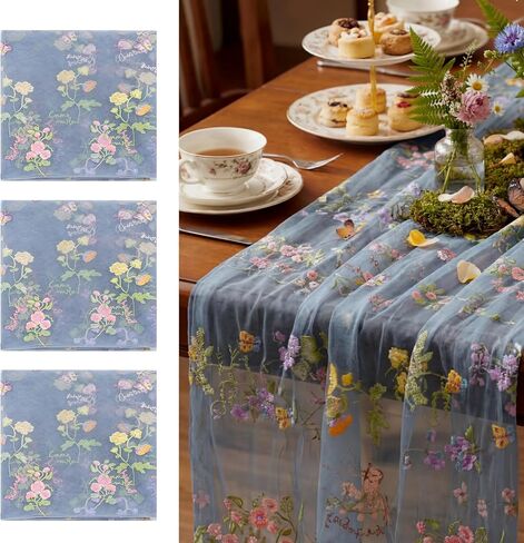 Sage Green Floral Table Runner 10ft Embroidery Tulle Spring Wildflower Table Runner Seasonal Summer Butterfly Kitchen Dining Gauze Decoration for Wedding Baby Shower Birthday Party (1 Pcs) in Kuwait