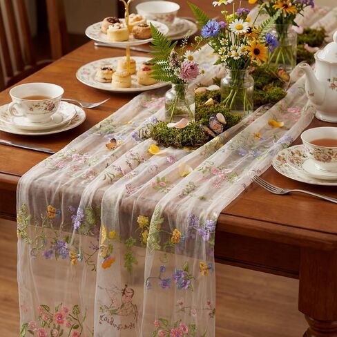 Sage Green Floral Table Runner 10ft Embroidery Tulle Spring Wildflower Table Runner Seasonal Summer Butterfly Kitchen Dining Gauze Decoration for Wedding Baby Shower Birthday Party (1 Pcs) in Kuwait
