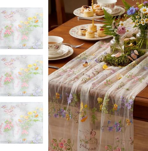 Sage Green Floral Table Runner 10ft Embroidery Tulle Spring Wildflower Table Runner Seasonal Summer Butterfly Kitchen Dining Gauze Decoration for Wedding Baby Shower Birthday Party (1 Pcs) in Kuwait