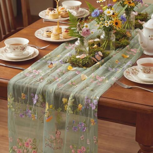 Sage Green Floral Table Runner 10ft Embroidery Tulle Spring Wildflower Table Runner Seasonal Summer Butterfly Kitchen Dining Gauze Decoration for Wedding Baby Shower Birthday Party (1 Pcs) in Kuwait