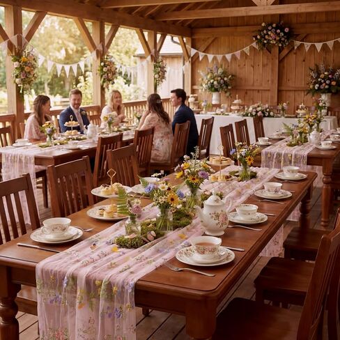 Sage Green Floral Table Runner 10ft Embroidery Tulle Spring Wildflower Table Runner Seasonal Summer Butterfly Kitchen Dining Gauze Decoration for Wedding Baby Shower Birthday Party (1 Pcs) in Kuwait
