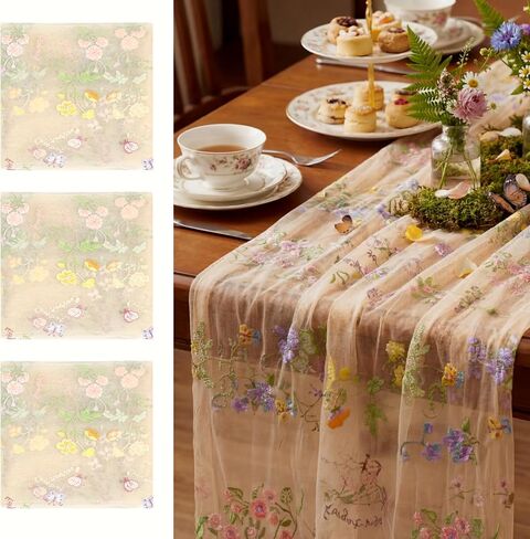 Sage Green Floral Table Runner 10ft Embroidery Tulle Spring Wildflower Table Runner Seasonal Summer Butterfly Kitchen Dining Gauze Decoration for Wedding Baby Shower Birthday Party (1 Pcs) in Kuwait