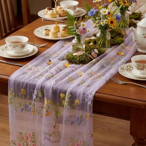 Sage Green Floral Table Runner 10ft Embroidery Tulle Spring Wildflower Table Runner Seasonal Summer Butterfly Kitchen Dining Gauze Decoration for Wedding Baby Shower Birthday Party (1 Pcs) in Kuwait