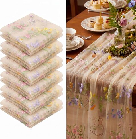 Sage Green Floral Table Runner 10ft Embroidery Tulle Spring Wildflower Table Runner Seasonal Summer Butterfly Kitchen Dining Gauze Decoration for Wedding Baby Shower Birthday Party (1 Pcs) in Kuwait
