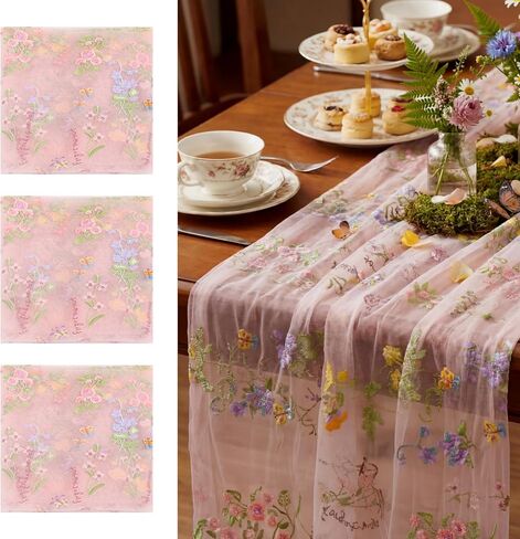 Sage Green Floral Table Runner 10ft Embroidery Tulle Spring Wildflower Table Runner Seasonal Summer Butterfly Kitchen Dining Gauze Decoration for Wedding Baby Shower Birthday Party (1 Pcs) in Kuwait