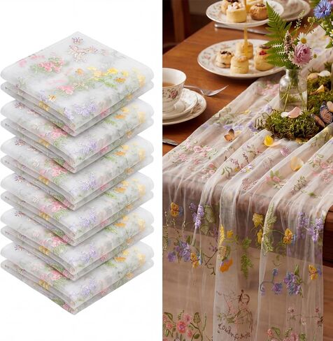 Sage Green Floral Table Runner 10ft Embroidery Tulle Spring Wildflower Table Runner Seasonal Summer Butterfly Kitchen Dining Gauze Decoration for Wedding Baby Shower Birthday Party (1 Pcs) in Kuwait