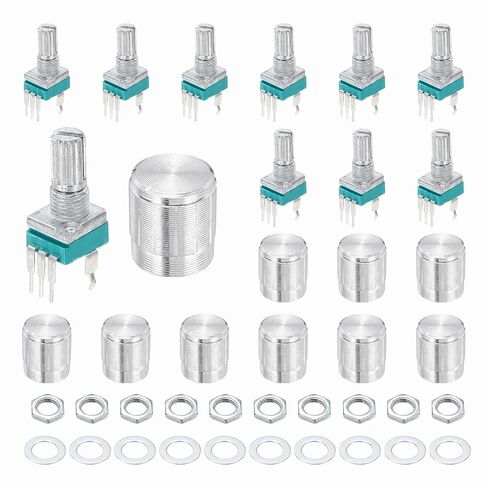 MECCANIXITY 10pcs RK097N B10K Potentiometer, 3Pin Single Linear Rotary Seal Amplifier Logarithmic Potentiometers 15mm Knurled Shaft with Silver 15x17mm Metal Knob Vertical for Audio Amplifier in Kuwait