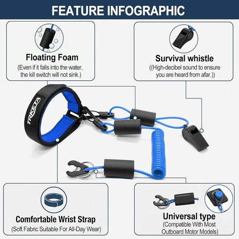 Floatable Boat Kill Switch Lanyard with Wristband & Whistle, Marine Engine Safety Stop Tether Coiled Cord, Compatible with Yamaha WaveRunner PWC, Blue, 1 Pack in Saudi Arabia