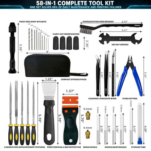 3D Printer Tool Kit Accessories - 58 Pcs Solve 99% Print Failures Clean Maint - with Scraper Brush Pliers Needles Cutter Pouch - for Unclog Nozzle Support Removal Model Finish - for All FDM Printers in Saudi Arabia