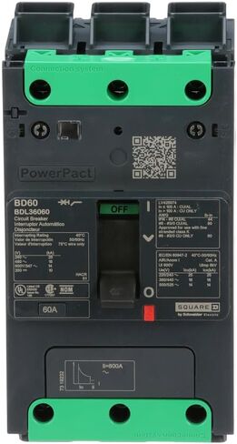 قاطع الدائرة Square D من شنايدر إلكتريك BDL36060 PowerPacT B مع تقنية وحدة الرحلة الحرارية المغناطيسية والمقلاة الخلفية أو حامل السكك الحديدية DIN، 60 أمبير، 3 أقطاب in Kuwait