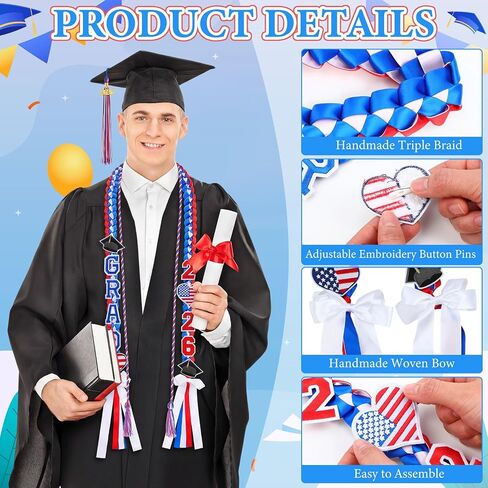 2025 Graduation Leis and Cords, Grad Money Leis with 11 Embroidered Patches for Graduation Party Decorations in Kuwait