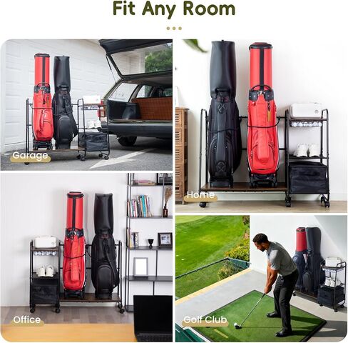 Golf Bag Storage Organizer for Garage, Large Size Adjustable Golf Bag Rack Stand with Wheels & Feet for 2 Bags, Golf Trunk Organizer, Golf Equipments Accessories, Golf Gift for Men Golfer in Kuwait
