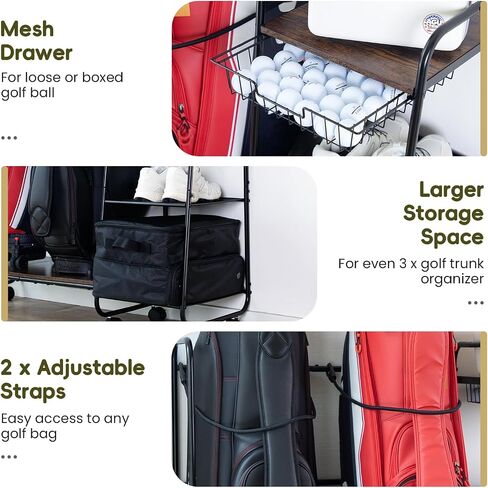 Golf Bag Storage Organizer for Garage, Large Size Adjustable Golf Bag Rack Stand with Wheels & Feet for 2 Bags, Golf Trunk Organizer, Golf Equipments Accessories, Golf Gift for Men Golfer in Kuwait