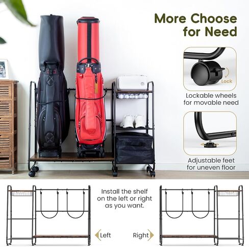Golf Bag Storage Organizer for Garage, Large Size Adjustable Golf Bag Rack Stand with Wheels & Feet for 2 Bags, Golf Trunk Organizer, Golf Equipments Accessories, Golf Gift for Men Golfer in Kuwait