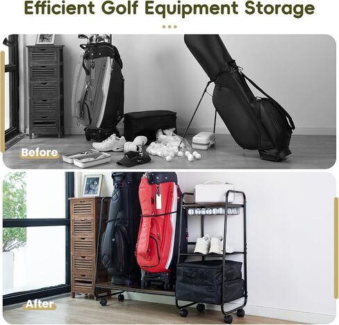 Golf Bag Storage Organizer for Garage, Large Size Adjustable Golf Bag Rack Stand with Wheels & Feet for 2 Bags, Golf Trunk Organizer, Golf Equipments Accessories, Golf Gift for Men Golfer in Kuwait