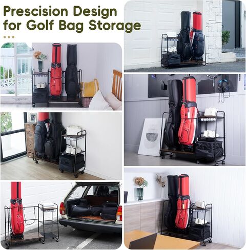 Golf Bag Storage Organizer for Garage, Large Size Adjustable Golf Bag Rack Stand with Wheels & Feet for 2 Bags, Golf Trunk Organizer, Golf Equipments Accessories, Golf Gift for Men Golfer in Kuwait