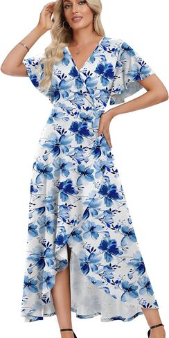WEACZZY Women V Neck Ruffle Sleeve Maxi Dresses Split Elegant Wrap Ruffle Wedding Guest Dress Elegant Casual Dresses in Saudi Arabia