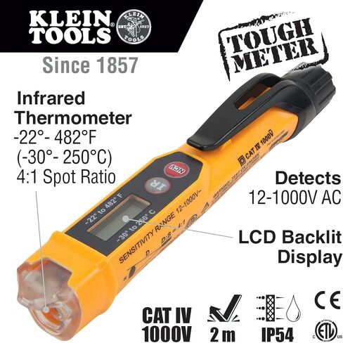 جهاز اختبار فولتية عدم الاتصال NCVT-4IR من Klein Tools، قلم تيار متردد 12-1000 فولت مع مقياس حرارة بالأشعة تحت الحمراء ومفك براغي/صواميل متعدد القطع 32500HD، أداة 11 في 1 ذات تقييم التأثير مع فيليبس، مشقوقة in Kuwait