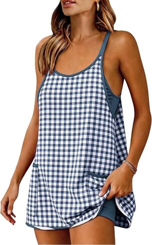 Yidarer Womens Gingham Athletic Mini Dress Built-in Shorts | tennis workout dress, spaghetti strap sundress, racerback pocket dress, beach vacation outfits, casual stretch gingham dress in Kuwait