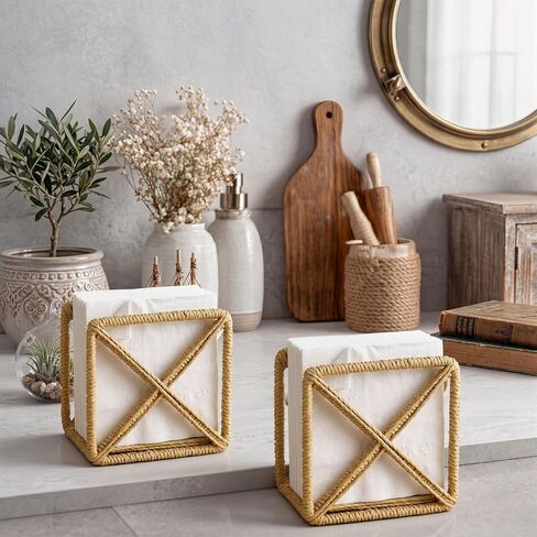 Unittype 2 Pcs Rattan Napkin Holder Square Wicker Napkin Holder for Table Home Rustic Room Decor Paper Rope Dispenser for Kitchen Countertop Dining Hotel Cocktail for Indoor Outdoor Party in Kuwait