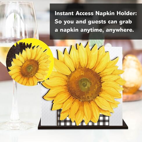 Sunflower Wooden Napkin Holder for Table, Summer Yellow Sunflower Buffalo Plaid Tissue Dispenser Summer Sunflowers Decor for Kitchen Dining Room Coffee Station Home in Kuwait