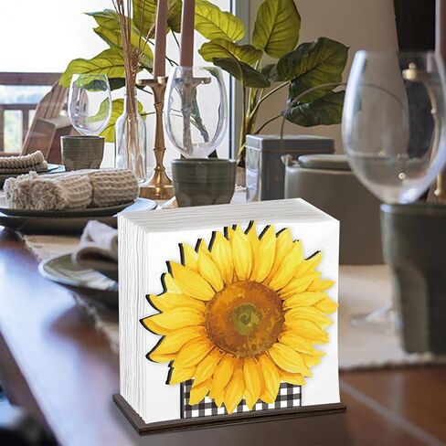 Sunflower Wooden Napkin Holder for Table, Summer Yellow Sunflower Buffalo Plaid Tissue Dispenser Summer Sunflowers Decor for Kitchen Dining Room Coffee Station Home in Kuwait