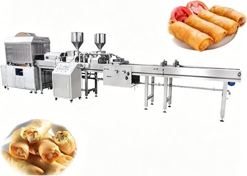 Fully automatic spring roll wrapper machine, dumpling machine/spring roll wrapper machine, adjustable thickness, output 500-3000 pieces/hour, stainless steel dough sheeting equipment. in Kuwait