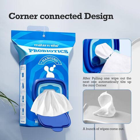 matern'ella Hanging Flushable Wipes Unscented Extra Large Corner-Connected Wet Wipes Adult Plant Based Fibers with Probiotics Alcohol Free Sewer Safe Butt Wipe Travel 3 Packs of 80 Wipes in Kuwait