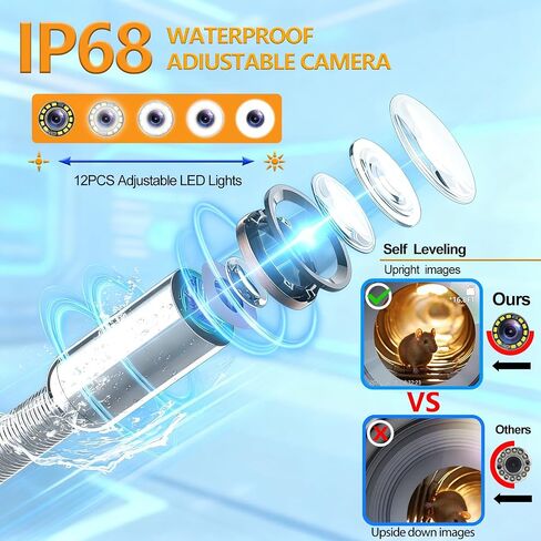 Sewer Camera Self Leveling,100FT/30M, 9" IPS Sewer Inspection Camera Microphone,DVR, IP68 Plumbing Snake with 12 Adjustable LEDs, 16 GB SD Card for Sewer Line, Duct Drain Pipe Plumbing in Kuwait