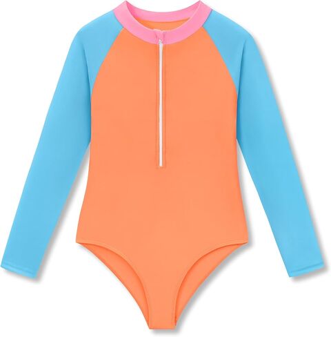 ملابس سباحة Dvenki للفتيات Rashguard قطعة واحدة برقبة عالية وأكمام طويلة وسحاب صيفي لباس سباحة مقاس 6X-16 in Kuwait