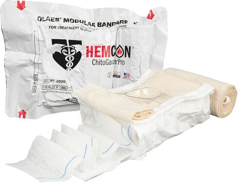 ضمادة OLAES للصدمات المرقئية مقاس 4 بوصات مع HemCon ChitoGauze PRO، مقاس 4 بوصات عرض × 7 بوصات طول × 2.5 بوصة عمق ضمادة ضغط مرقئ - تضميد جروح الطوارئ خالي من اللاتكس، حلول TacMed in Kuwait
